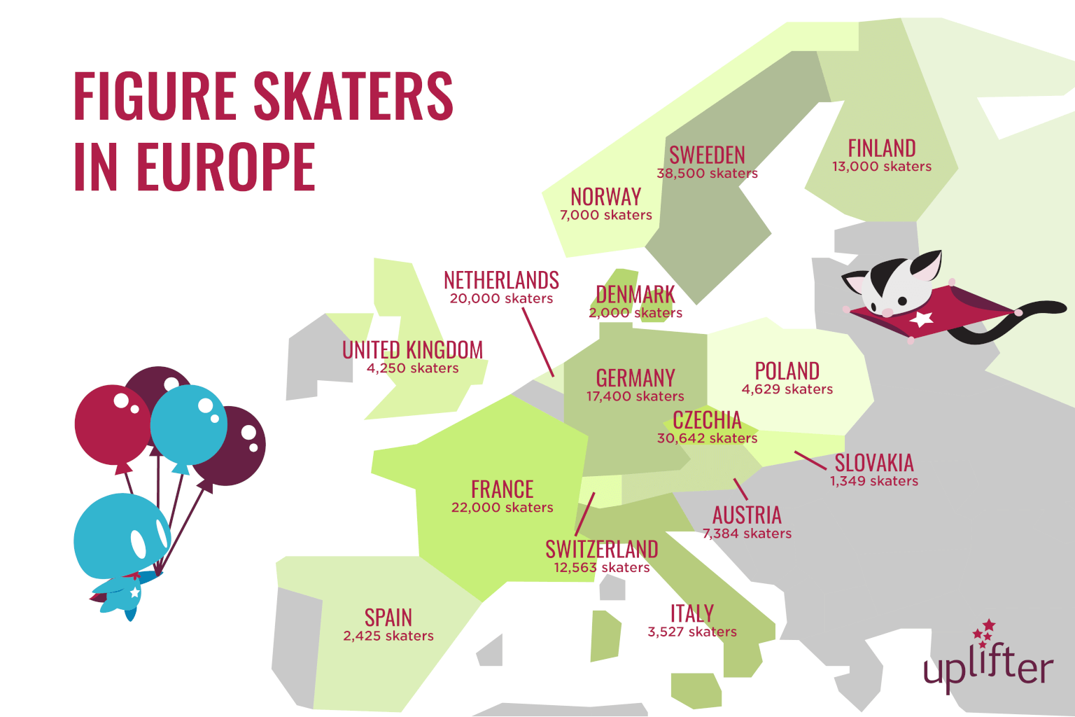 Total number of figure skaters in Europe. Including official data and estimates based on figure skating club or ice rink data. 