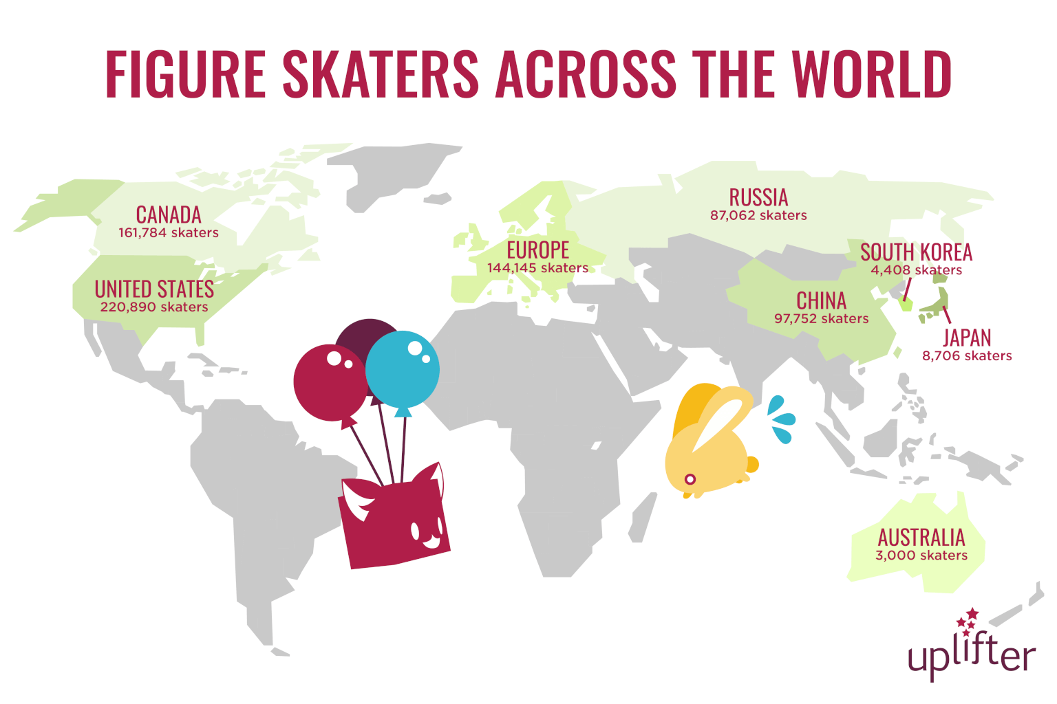 The world map of figure skaters shows the total number of figure skaters in the world. Official figures combined with estimates based off figure skating club or ice rink data. 