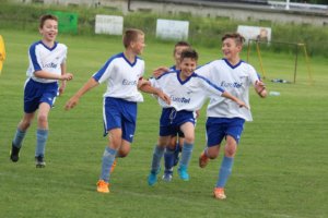 Teammates celebrating after a goal in soccer